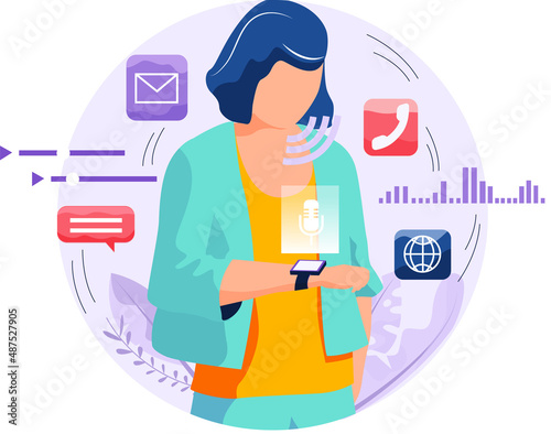 Voice assistant software agent perform tasks for user. Speaker recognition, vote controlled smart speaker. Woman voice activated digital assistants, identification. Virtual assistant, sound robot