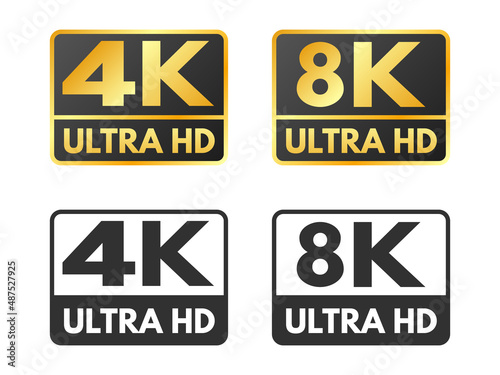 4K and 8K icons. Gold UHD symbol set. High definition labels on white background. Video resolution mark. UHD black and white icon isolated. Vector illustration
