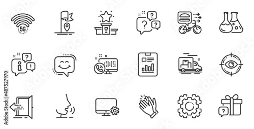 Outline set of Clapping hands, Question bubbles and Smile chat line icons for web application. Talk, information, delivery truck outline icon. Vector