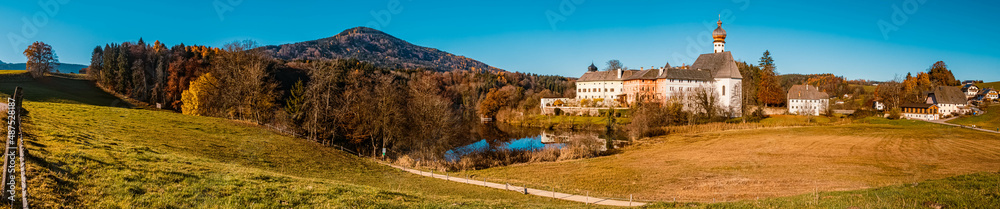 High resolution stitched panorama with a monastery at the famous Hoeglwoerther See lake, Hoeglwoerth, Bavaria, Germany