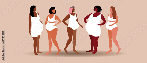 Pregnant women, different skin color and figure, Flat vector stock illustration. Appearance of pregnant people