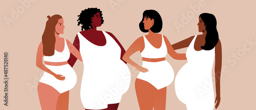 Pregnant women are isolated, Flat vector stock illustration, Diversity of people, different ethnic group, body