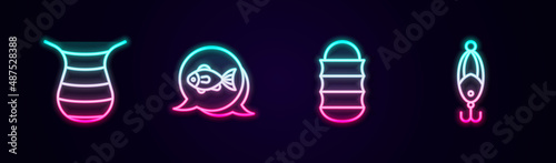 Set line Fishing net, and lure. Glowing neon icon. Vector