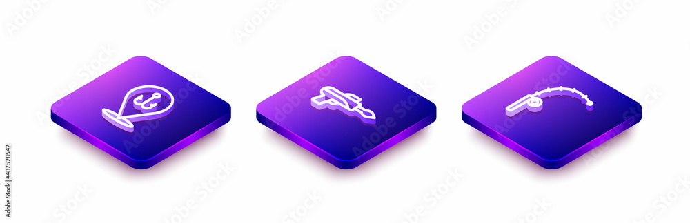 Set Isometric line Fishing hook, harpoon and rod icon. Vector Set Isometric line Fishing hook, harpoon and rod icon. Vector
