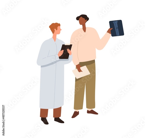 Patient showing X-ray with broken bone to doctor. Person with skeleton injury on Xray at medical consultation with traumatologist, orthopedist. Flat vector illustration isolated on white background