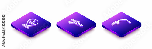 Set Isometric line Fishing hook, harpoon and rod icon. Vector