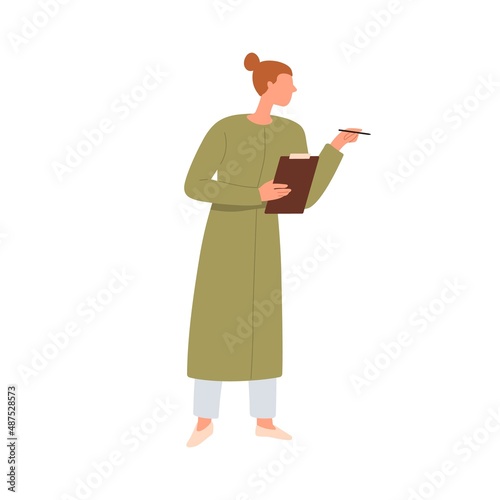 Doctor with clipboard, taking notes, records and explaining smth. Woman nurse...