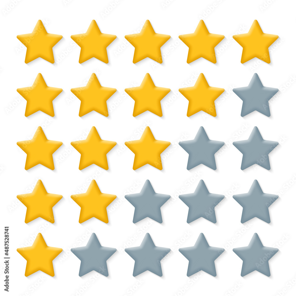 5 star rating icon set. 3d stars for rate, review, ranking, customer feedback. Best choice concept. Vector illustration. 5 star rating icon set. 3d stars for rate, review, ranking, customer feedback. Best choice concept. Vector illustration.