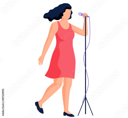Young girl sings song into microphone at concert or music class isolated vector illustration. Female singer rock or pop vocalist wearing dress and singing in microphone performing song on stage