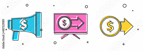 Set Megaphone and dollar, Monitor with dollar and Coin money with dollar symbol icon. Vector