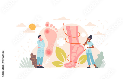Concept of podiatry. Doctors stand against background of images of legs. Pain points, muscle and bone problems. Posture and flat feet. Scientific and medical research. Cartoon flat vector illustration photo