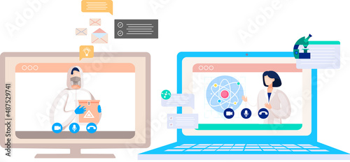 Online doctor conference, consultation via your smartphone. Concept for medical app and websites. Remote meetings of scientists conferring on fight against viruses and scientific researches