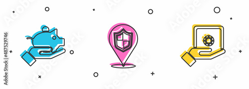 Set Piggy bank in hand, Location shield and Safe icon. Vector