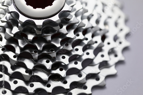 Bicycle roller chain that transfer power from pedals to drive, shiny silver detail photo