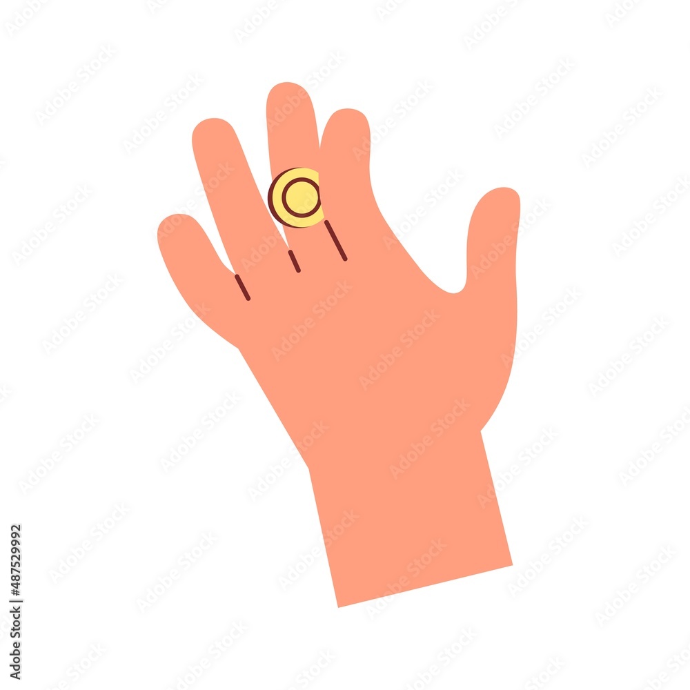 Obraz premium Gold coin squeezed in fingers. Tricky hand holding money change. Finance crime, economy fraud, trick and cheating, financial concept. Flat vector illustration isolated on white background