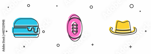 Set Burger, American Football ball and Western cowboy hat icon. Vector