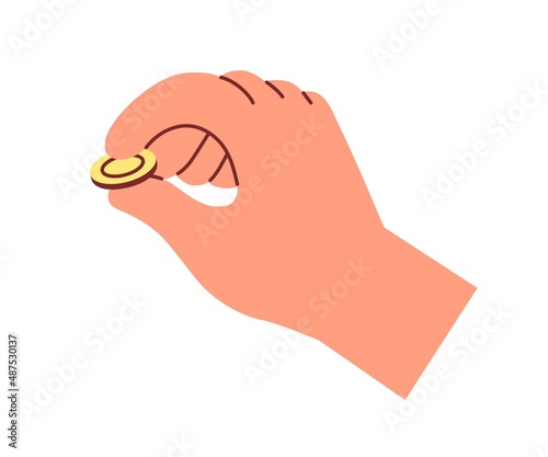 Coin squeezed in fingers. Hand holding money, change. Gold dollar cent in arm, financial icon. Finance, bonuses, cashback and investing concept. Flat vector illustration isolated on white background