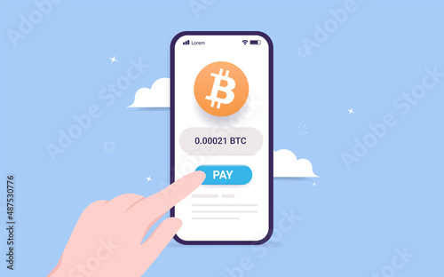 Buying Bitcoin in mobile application - Vector illustration of hand pushing the buy button to purchase crypto currency on smartphone.