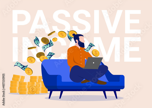 Passive income - Man making money from home sitting in sofa with laptop. Vector illustration