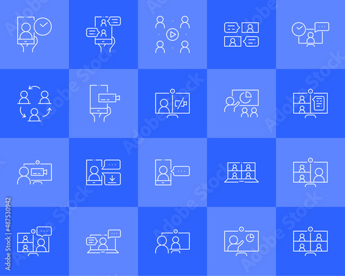 Simple set of online meeting related line icons isolated. Video conference concept. Distance work and learning. Collection of vector elements. Laptop, computer, smartphone, chatting, conferencing