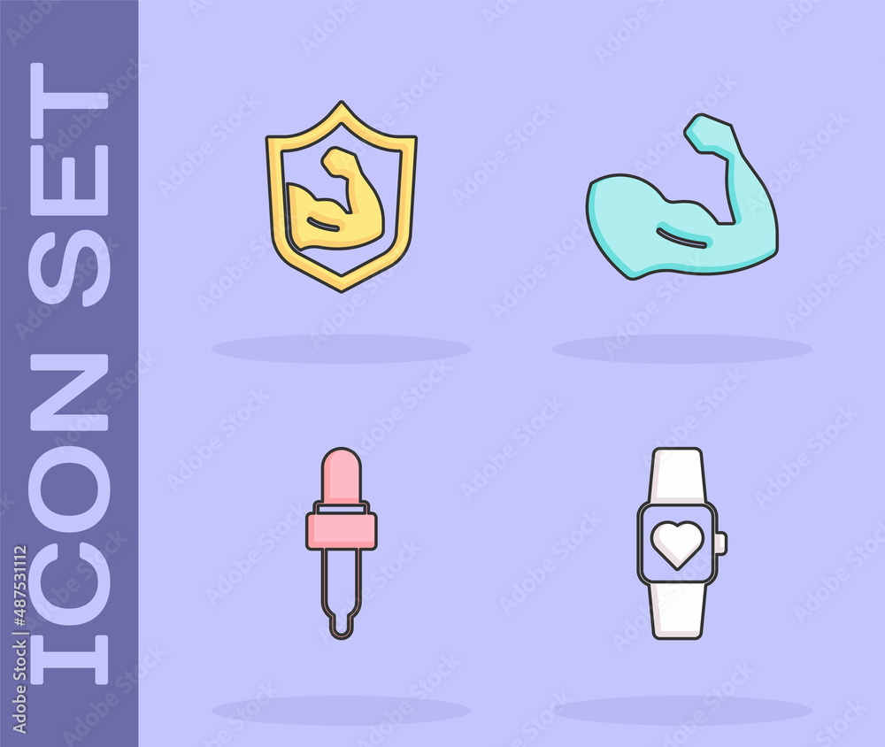 Set Smart watch, Bodybuilder muscle, Pipette with oil and icon. Vector