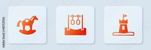 Set Gymnastic rings, Horse saddle swing and Sand tower. White square button. Vector