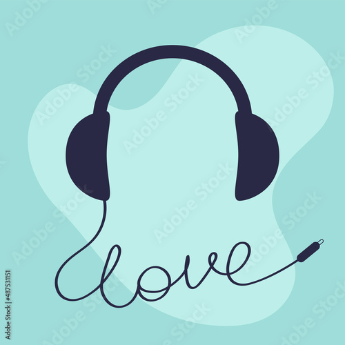Headset icon. Black headphones earphones with cord plug and word Love. Music banner. Headphone speaker. Greeting Card. Flat design. Blue background. Isolated.