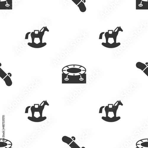 Set Skateboard trick, Jumping trampoline and Horse saddle swing on seamless pattern. Vector