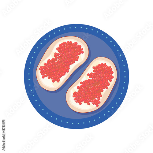 Red caviar with butter on bread slice on blue plate. Sandwiches with roe isolated on white background. Food snack. Healthy nosh. Flat vector illustration.