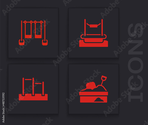 Set Sandbox with sand, Double swing, Bungee and Horizontal bar icon. Vector
