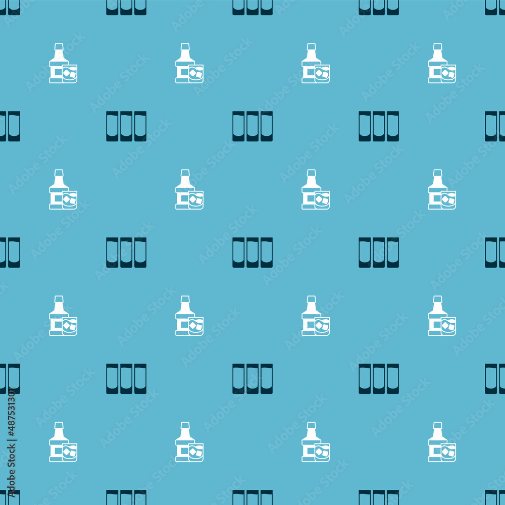 Set Shot glass and Whiskey bottle and on seamless pattern. Vector Set Shot glass and Whiskey bottle and on seamless pattern. Vector