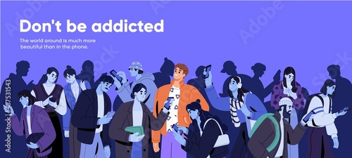 Addicted mobile phone users and person standing out from slaves crowd. Man getting free from smartphone, gadget, internet, social media addiction. Online vs offline concept. Flat vector illustration