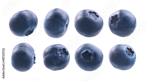 A set of blueberries in different angles on a white background