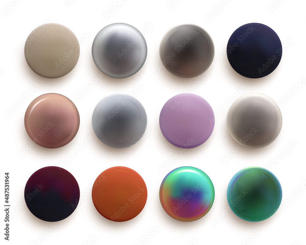 Set of rounded holographic sphere. Pastel color fluid circle, colorful soft round buttons or vivid color spheres flat. Vector illustration. Isolated on white background.