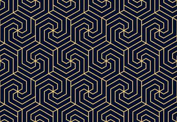 Wandcirkels Blauw goud patronen Goud blauw geometrisch lijnenpatroon  © ELENA