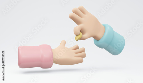 3D Rendering of hand giving money coin to hand isolate on white background concept of donation, money jar, savings. 3D Render illustration.