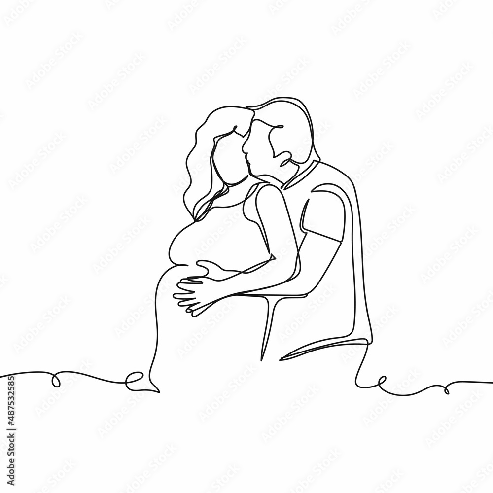 Continuous one simple single abstract line drawing of happy beautiful couple in love pregnant woman icon in silhouette on a white background. Linear stylized. Continuous one simple single abstract line drawing of happy beautiful couple in love pregnant woman icon in silhouette on a white background. Linear stylized.