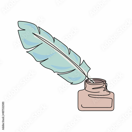 Continuous one simple single abstract line drawing of vintage fountain pen with inkwell icon in silhouette on a white background. Linear stylized.