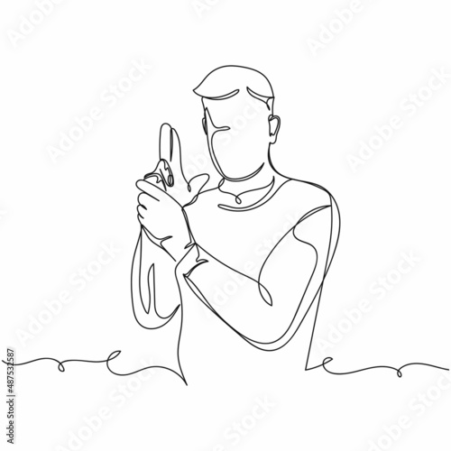 Continuous one simple single abstract line drawing of man boy with hand gesture playing killing icon in silhouette on a white background. Linear stylized.
