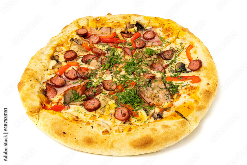 Pizza with sausage, meat, cheese, basil and olives isolated on white background Pizza with sausage, meat, cheese, basil and olives isolated on white background