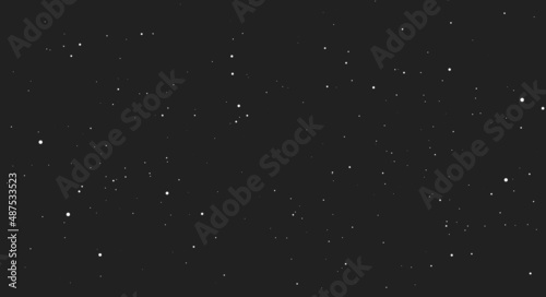 Space, starry sky. Dark black outer space texture, abstract pattern with white random dots. Flat vector illustration isolated on black background.