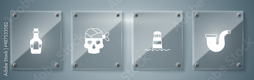 Set Smoking pipe, Lighthouse, Pirate captain and Alcohol drink Rum. Square glass panels. Vector
