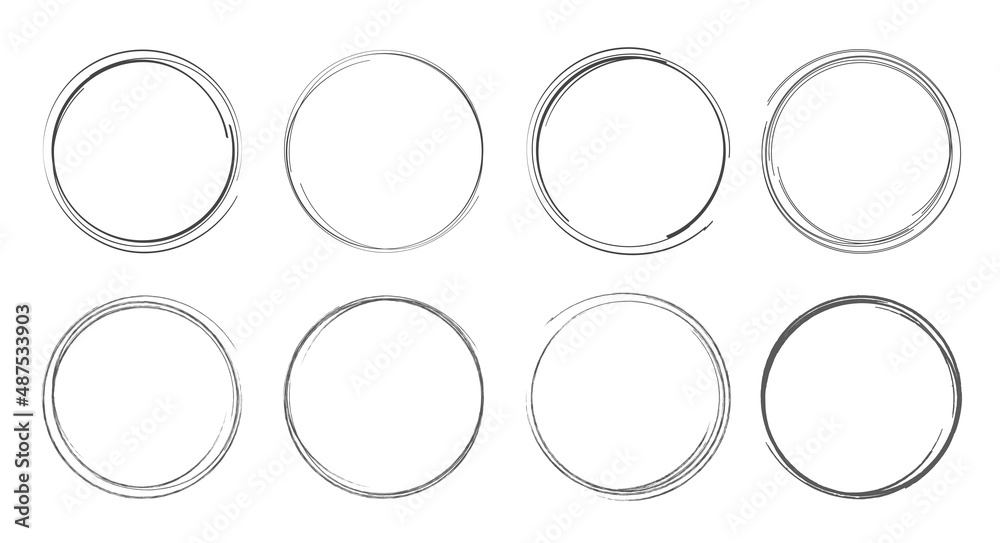 Hand drawn circle set. Round doodle loops, scribble black pencil sketch highlights. Flat vector illustration isolated on white background. Hand drawn circle set. Round doodle loops, scribble black pencil sketch highlights. Flat vector illustration isolated on white background.