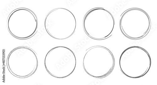 Hand drawn circle set. Round doodle loops, scribble black pencil sketch highlights. Flat vector illustration isolated on white background.