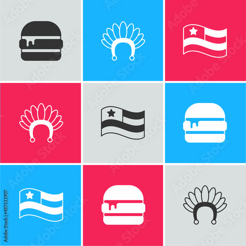 Set Burger, Indian headdress with feathers and American flag icon. Vector