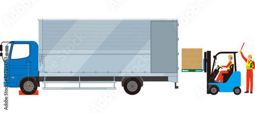 中型トラック後方から荷物を積むフォークリフトと誘導員のイメージ