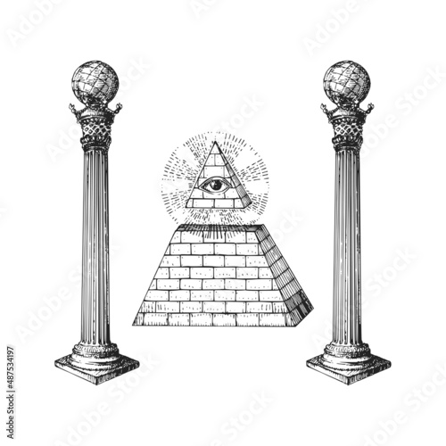 Freemasonry Columns, Eye of Providence in vector. photo
