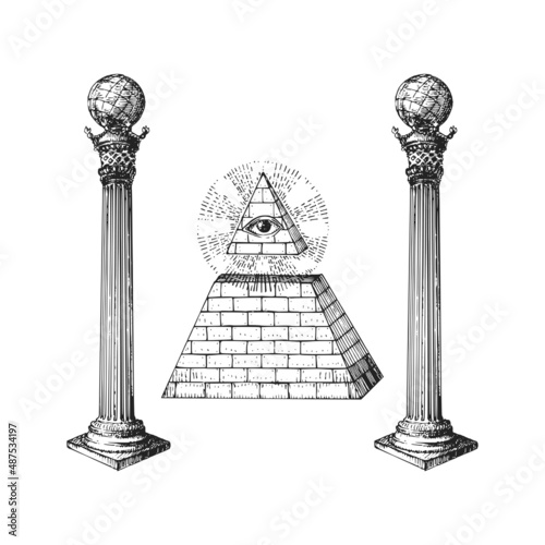 Freemasonry Columns, Eye of Providence in vector.