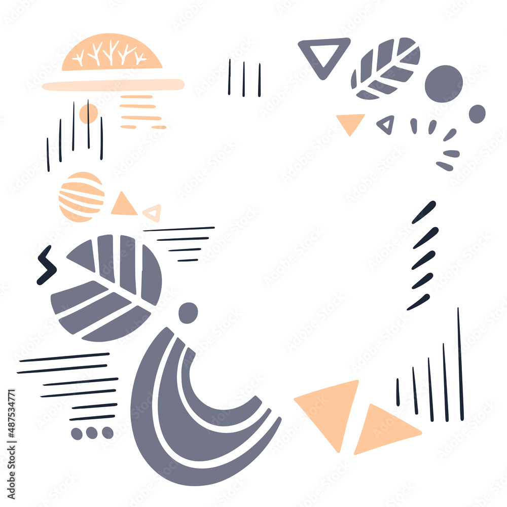 Fototapeta premium Square frame with leaves and geometric elements in scandinavian style. Plant silhouettes, dots and lines. Monochrome nature vector template for design.