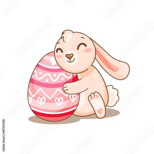 Easter smiley rabbit with decorative egg for celebrating Easter. Vector illustration for design, kids poster, print. Funny comic carttoon bunny hugs.